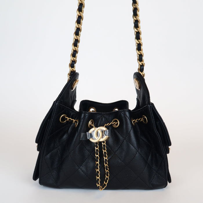Chanel Caviar Quilted Hobo Mini 25 Handbag Black Gold Hardware