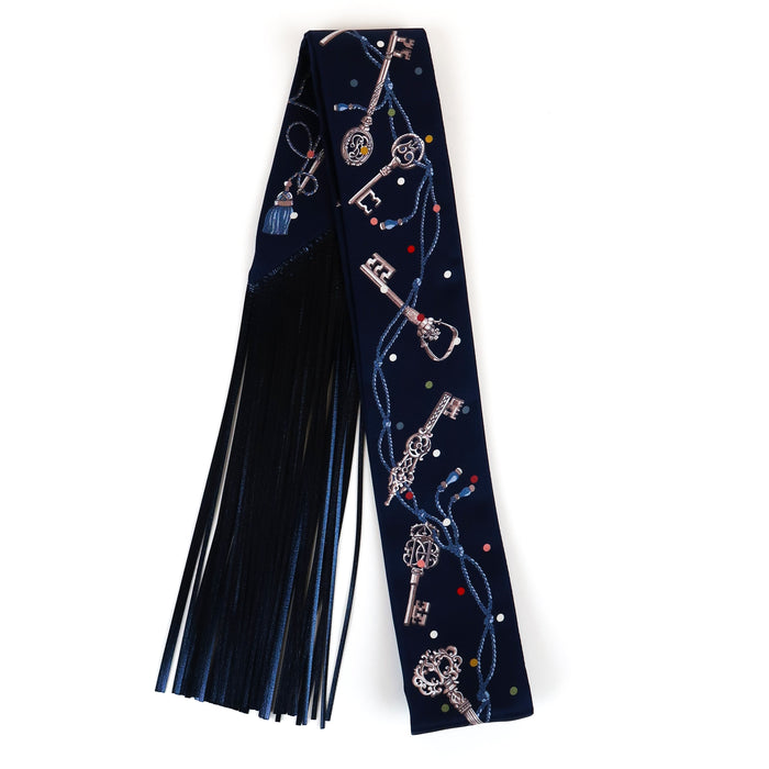 Hermès "Les Cles a Pois" Blue Fringe Silk Twilly